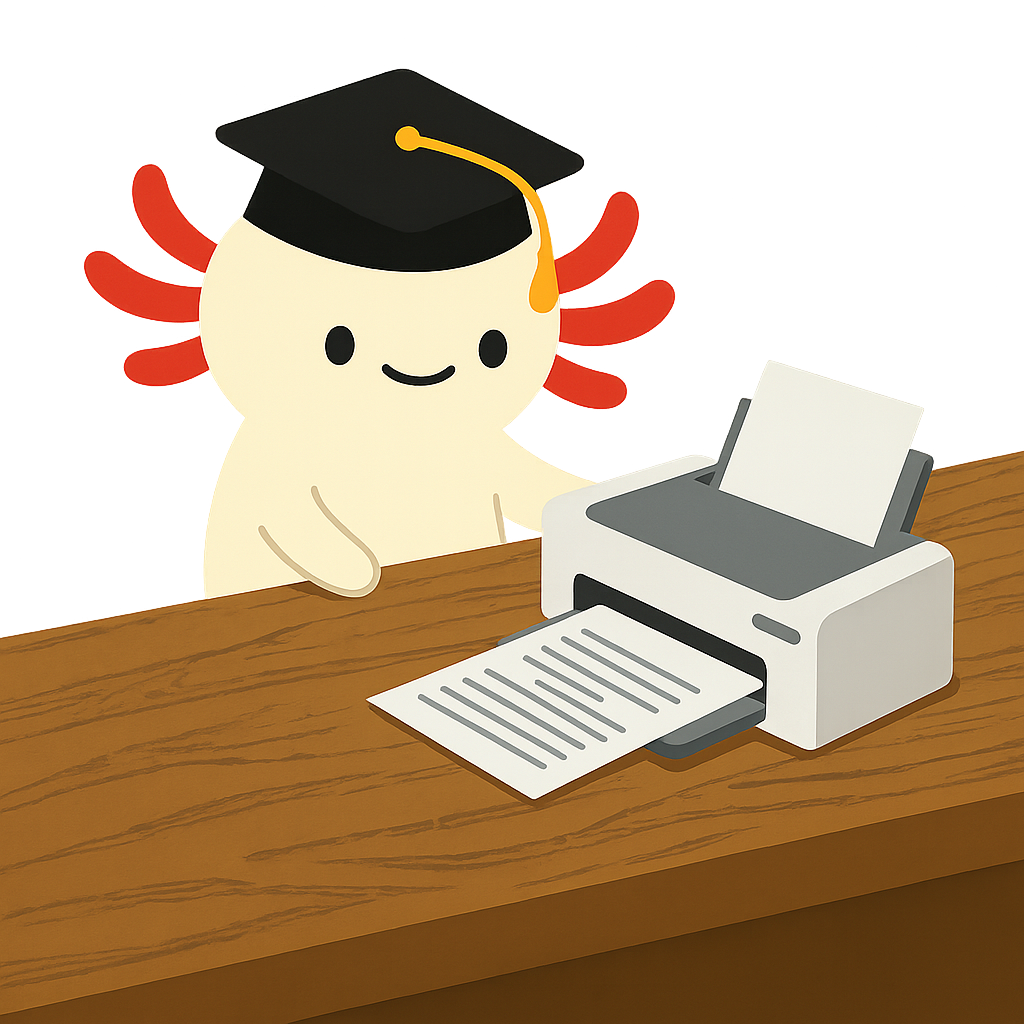 Axolotl mascot demonstrating printing a worksheet