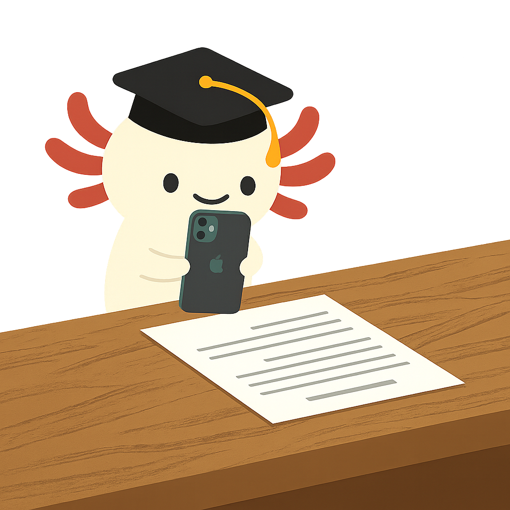 Axolotl mascot taking a photo of completed worksheet